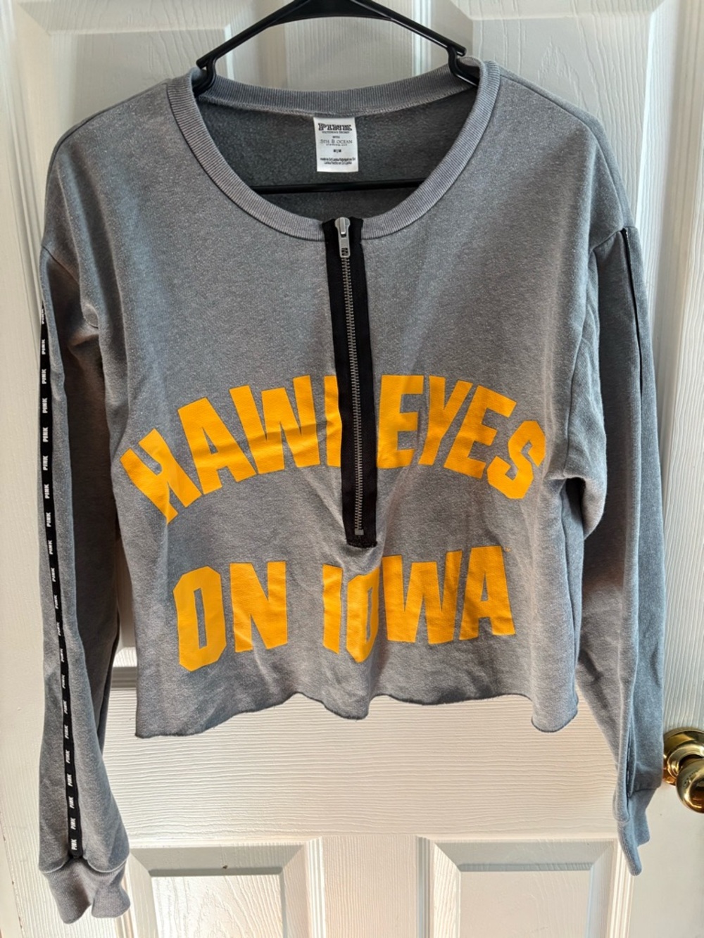 VS PINK Gray "Hawkeyes On Iowa" crop Zip Pullover with Yellow Lettering